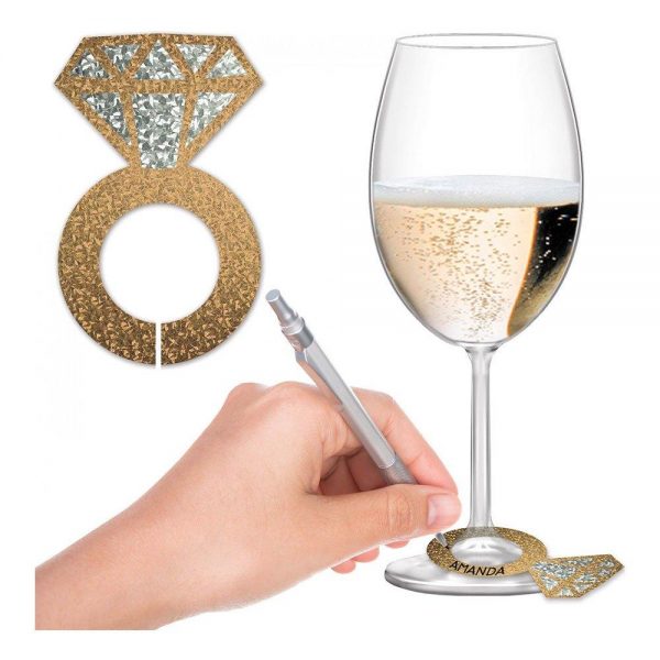 Glasmarkörer Diamantringar Guld Glitter - 24-pack